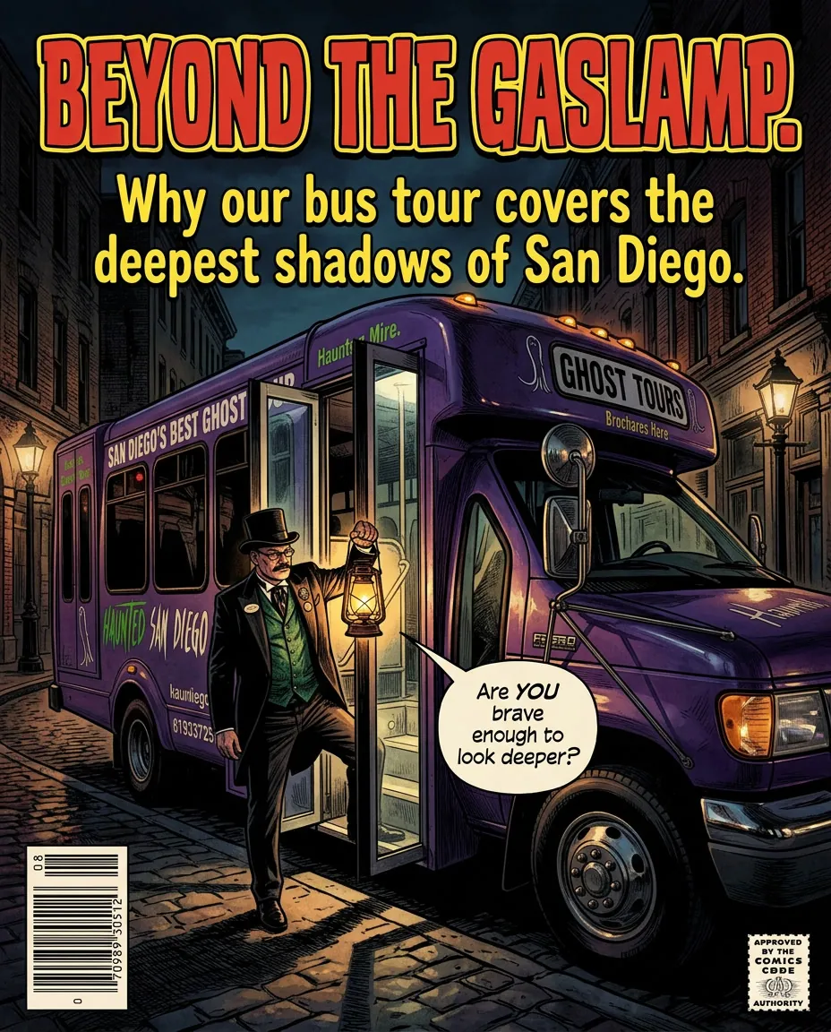 The tour bus parked at a stop after dark