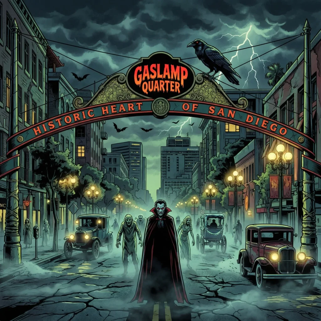 The Gaslamp Quarter arch at night, illustrated in comic style